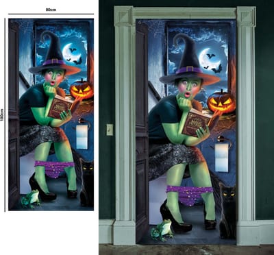 Fiestas Guirca - Deur decoratie surprised witch - 80 x 180 cm - Halloween - Halloween Decoratie - Halloween Versiering