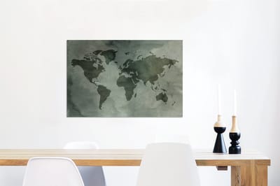 Aluminium schilderij 60x40 cm - Wanddecoratie metaal - Wereldkaart - Waterverf - Grijs - Metalen muurdecoratie woonkamer - Decoratie industrieel - Foto op dibond - Industriële accessoires slaapkamer