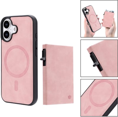 Casemania Hoesje Geschikt voor Apple iPhone 17 - Pale Pink - Magnetisch Back Cover met Uitschuifbaar Pasjeshouder - 2 in 1 Telefoonhoesje geschikt voor MagSafe met 6 Pasvakjes Creditkaarthouder - Roze
