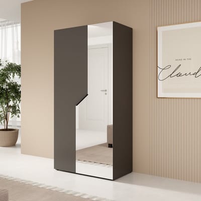 Meubella - Arena - Kledingkast 2-deurs - Spiegel - Zwart - 100x202x50cm