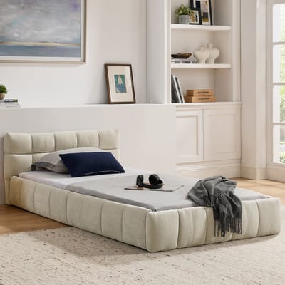 REDOM Bedframe 90x200 cm van chenille stof – Met vierkant stikpatroon en ecologisch eucalyptushout – Beige
