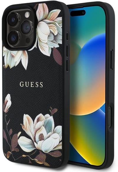 Guess telefoonhoesje voor iPhone 16 Pro Max - bloemenontwerp - Zwart