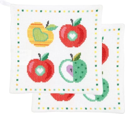 Vervaco - Pannenlap kit - Kleurige appels I set van 2 - PN-0150536 - Borduren - Borduurpakket - Borduurpakket volwassenen - Borduurpakket kind