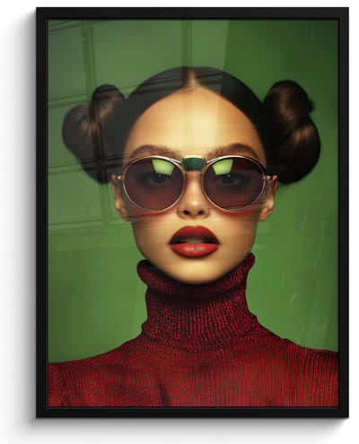 Poster in lijst - Fotolijst 50x70 cm - Posters - Vrouw - Groen - Bril - Aesthetic - Modern - Posterlijst zwart - Decoratie - Wanddecoratie woonkamer - Muurdecoratie slaapkamer