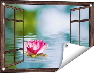 Gards Tuinposter Doorkijk Roze Lotusbloem op het Water - 60x40 cm - Tuindoek - Tuindecoratie - Wanddecoratie buiten - Tuinschilderij