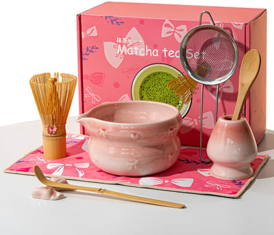 8-delige Roze Matcha Set – 15oz Keramische Matcha Kom Met Gietmond, Bamboe Theegarde En Houder, Schep En Lepel, Theedoek, Matcha Poederzeef – Voor Matcha Liefhebbers En Beginners