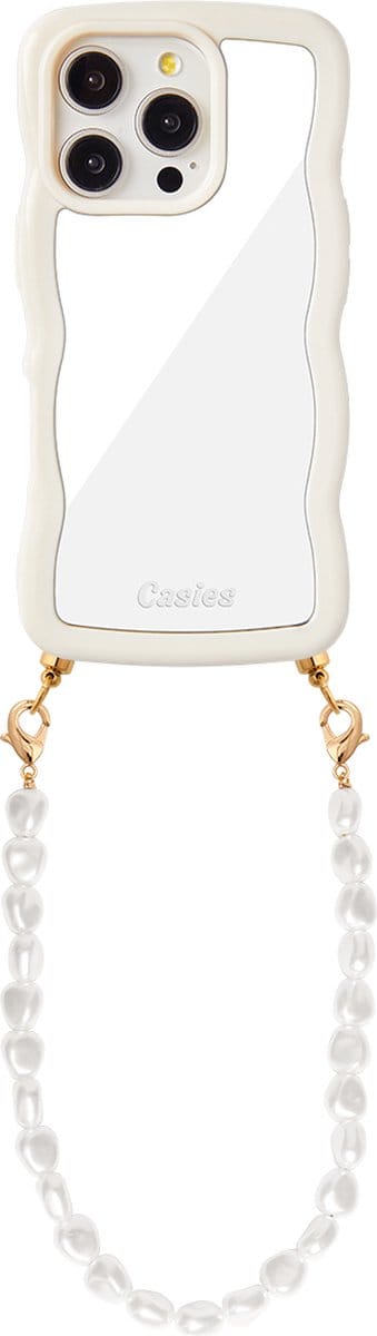 Casies wavy mirror hoesje geschikt voor Apple iPhone 12/12 Pro met parel koord - spiegel telefoonhoesje met parelkoord - parel ketting - Cord Case Pearl