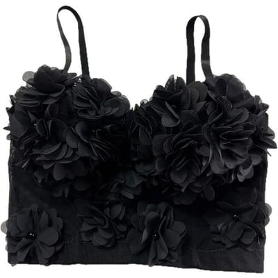 Kant Mesh Visgraat Jarretel Kort Model met Borstvulling Bloem Vest Buiten Dragen Basis Omwikkelde Borst Frans Kralen Top M zwart