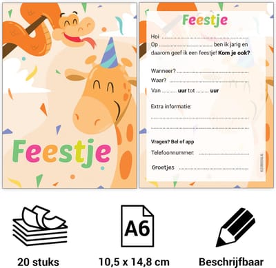 Uitnodiging kinderfeestje - Voordeelset 20 stuks - Beschrijfbaar - Uitnodigingskaarten - Uitnodiging verjaardag - uitnodiging verjaardag feest - Uitnodiging kinderfeestje Jongen of Meisje - Uitnodiging feestje - uitnodigingen - slang giraf