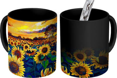 Magische Mok - Foto op Warmte Mokken - Koffiemok - Schilderij - Olieverf - Bloemen - Zonnebloem - Magic Mok - Beker - 350 ML - Theemok