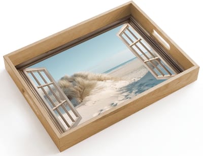 Dienblad hout 40x30 cm - Schootdienblad - Doorkijk - Helmgras - Duinen - Zee - Landschap - Borrelplank rechthoek - Plateau dienbladen
