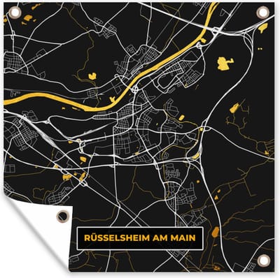 Tuin poster Goud – Duitsland – Plattegrond – Gold – Stadskaart – Kaart – Rüsselsheim am Main - 200x200 cm - Tuindoek