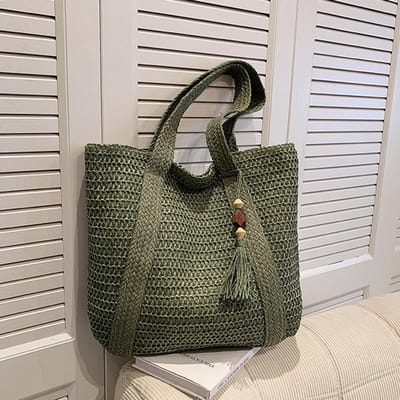 Sac à bandoulière tissé d'été pour femmes, sac de plage, paille tricotée à la main, grande capacité, sac à main de voyage, fourre-tout à pompon vert