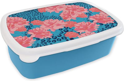 Broodtrommel Blauw - Lunchbox - Brooddoos - Patronen - Jungle - Bloem - Luipaard print - 18x12x6 cm - Kinderen - Jongen