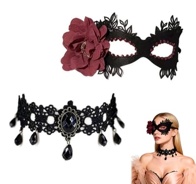 Dailygoods - Venetiaans Masker Set Dames Zwart Rood - Kunstleer Masker met Rode Bloemen