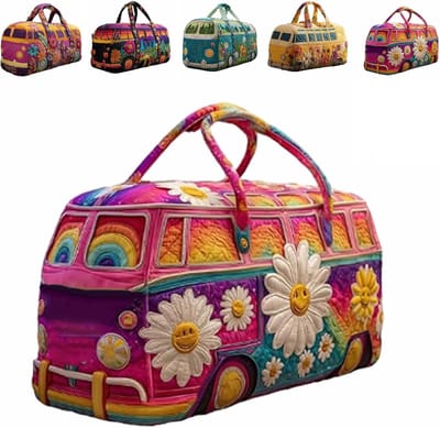 JeiibrZui Hippie Van Quilted Duffle Bag - Boho Weekendtas - 45 cm - Verstelbare Schouderriem - Retro Stijl voor Vrouwen - Ideaal voor Korte Trips en Dagelijks Gebruik - Veelzijdige Reistas met Stevige Handvatten