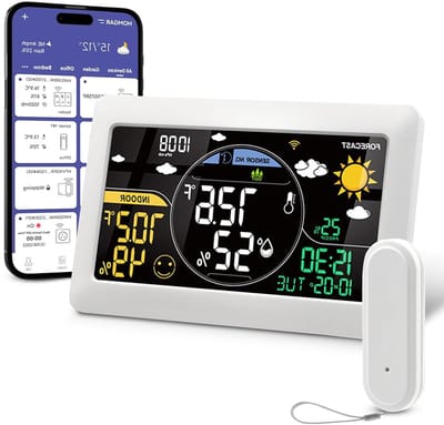 Weather station with outdoor sensor, VA color display with large numbers of indoor and outdoor temperature, real-time weather forecast, air pass display, wifi mobile app control