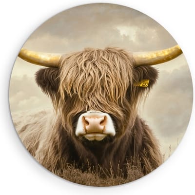 Saammp - Muurcirkel Hout Schotse Hooglander Koe Portret - Dieren - Natuur - Ø 90 - Wandcirkel - Wanddecoratie Cirkel - muurdecoratie Woonkamer - Slaapkamer decoratie - Rond Schilderij