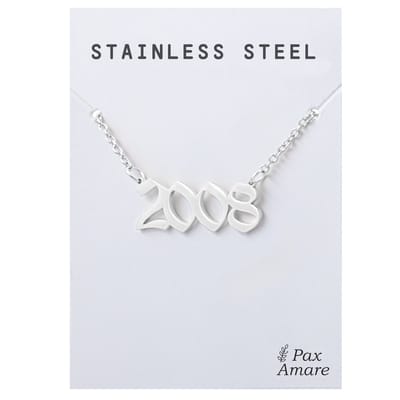 Jaartal 2008 Ketting Zilverkleurig - Stainless Steel - Sieraad op Cadeau Kaartje - Jaar Hanger - Pax Amare