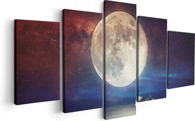 Artaza Canvas Schilderij Vijfluik Volle Maan in de Hemel boven het Water - 100x50 - Foto Op Canvas - Canvas Print