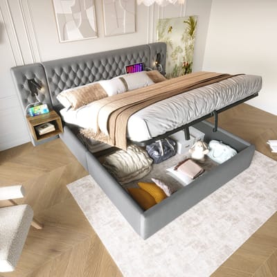 Complete slaapkamerset, gestoffeerd bed met hydraulische opbergruimte, tweepersoonsbed 160×200 cm met 2 nachtkastjes, leeslampje met USB-oplaadfunctie in het hoofdeinde, grijs, fluweel (exclusief matras)