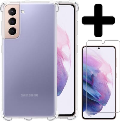 Hoesje - Met Screenprotector - Geschikt voor Samsung Galaxy S21 - Sterk & Shockproof - Siliconen Case - Back Cover - Telefoon Hoes - Shock Proof - Telefoonhoesjes - Transparant