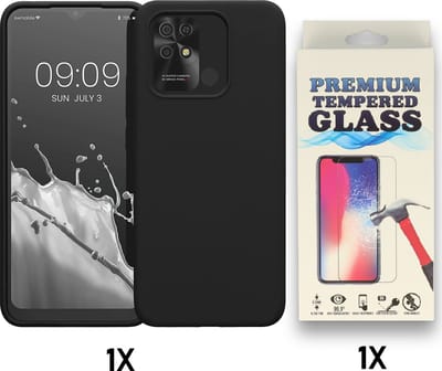 Casemania Hoesje Geschikt voor Xiaomi Redmi 10C - Zwart - met Glazen Screenprotector - Siliconen Back Cover