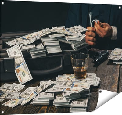 Gards Tuinposter Dollar Geld Briefjes op Tafel van de Maffia - 100x80 cm - Tuindoek - Tuindecoratie - Wanddecoratie buiten - Tuinschilderij