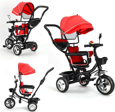 Kinder driewieler - Loopfiets duwstang - Buiten spelen - Omkeerbaar zitje - 75 x 46 x 106 cm - Rood-Zwart
