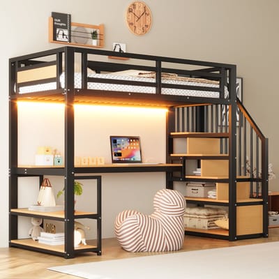 Sweiko Hoogslaper - 90×200 cm - Metalen frame - Met opbergplank - Bureau - LED-verlichting - Zwart