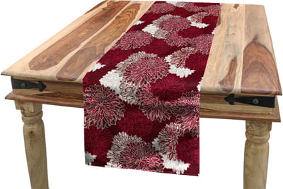 ABAKUHAUS rood-wit tafelloper, chrysanten, eetkamerkeuken rechthoekige decoratieve tafelloper, 40 x 180 cm, bordeauxrood wit