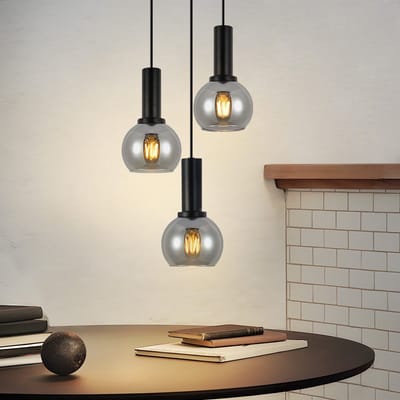 NETTLIFE Hanglamp - 3-Lichts - rond - Glas en Metaal - Zwart en rookgrijs - E27 Fitting - Vintage Eetkamerlamp Hangend - In hoogte verstelbaar 120cm - voor Keuken | Slaapkamer | Woonkamer | Studeerkamer - zonder lampen