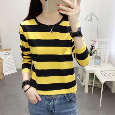 T-shirt met lange mouwen van puur katoen, damestops, lente- en herfstjurken, losse truien, grote maten, ondershirts voor bovenkleding M yellow