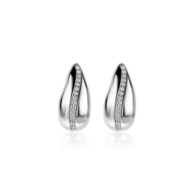 ZINZI zilveren oorstekers in druppelvorm met golvende rij witte zirkonia's 17mm ZIO2707