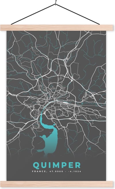 Posterhanger incl. Poster 40x60 cm - Schoolplaat - Quimper - Frankrijk - Plattegrond - Kaart - Stadskaart - Textielposter - Blanke latten - Stadskaart