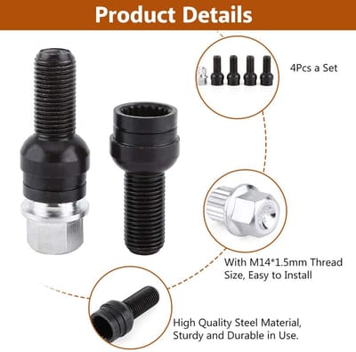 Dailygoods- Wielbout Set 4 Stuks - M14 x 1,5 mm - Zwart Staal - Inclusief Sleutel - Duurzaam - Corrosiebestendig - Totale Lengte 40 mm - Wielmoer