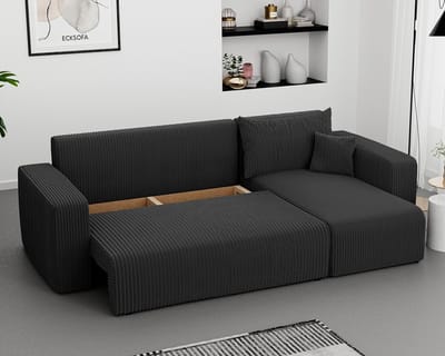 Hoekbank met slaapfunctie en bedlade – 3-zits slaapbank 145x248 cm – Zwarte stoffen bank voor woonkamer – Modern design – Novihome