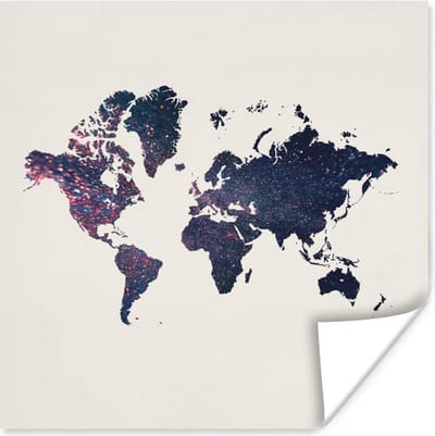 Poster 30x30 cm - Wereldkaart - Roze - Glitter - Posters - Kamer decoratie - Wanddecoratie woonkamer - Muurdecoratie slaapkamer