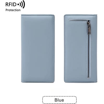 Portefeuille Long Minimaliste RFID Ultra-fin pour Femme PU Portefeuille Double Pliant Multifonctionnel Sac à Monnaie Carte de Crédit Sac à Main bleu