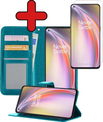 Hoesje - Met Screenprotector - Geschikt voor OnePlus Nord CE - Luxe Pasjeshouder - Flipcase - Bookcase Portemonee - Flip Case - Kunstleer Book Case - Book Cover - Walletcase - Portemonneehoes - Telefoonhoes - Turquoise