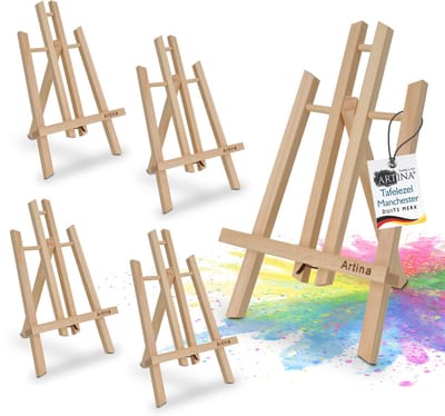 Artina Manchester Set van 5 Tafelschildersezel, klein, van hout, 28 cm, mini-presentatie-ezel voor foto's, menukaarten, decoratie, houten ezel voor scholen en kinderen