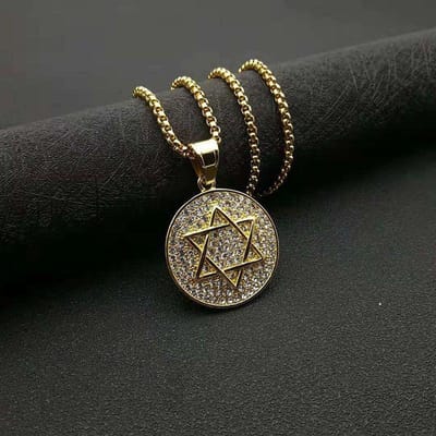 Collier Pendentif Étoile à Six Branches Hip Hop en Acier Inoxydable Entièrement Diamant Vente Chaude Étoile de David Bijoux Religieux Juifs black