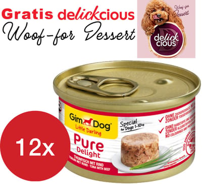 GimDog Little Darling Pure Delight tonijn en rund 12 stuks met GRATIS Delickcious dessert
