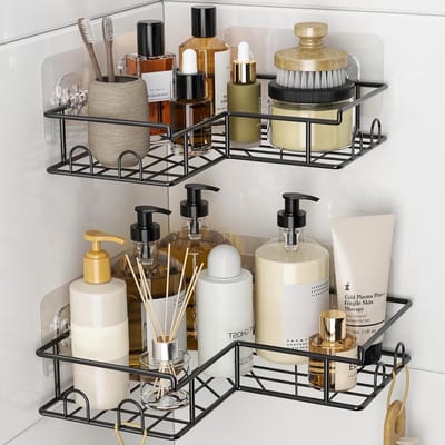 Famanu – Hoekdoucheplank set van 2 stuks zonder boren, roestvrijstalen douche-organizer met 8 haken voor optimale opslag