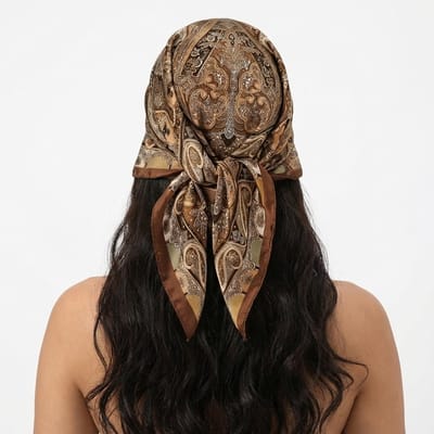 Satijnen bandana – luxe haarbandana met bruin paisley motief – zachte silky headscarf – stijlvolle haaraccessoire