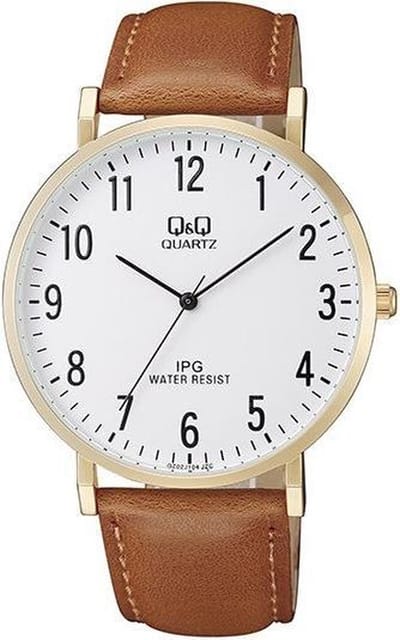 Q&Q QZ02J104Y - Horloge - Analoog - Mannen - Heren - Leren band - Rond - Metaal - Cijfers - LichtBruin - Goudkleurig - Wite - 3ATM