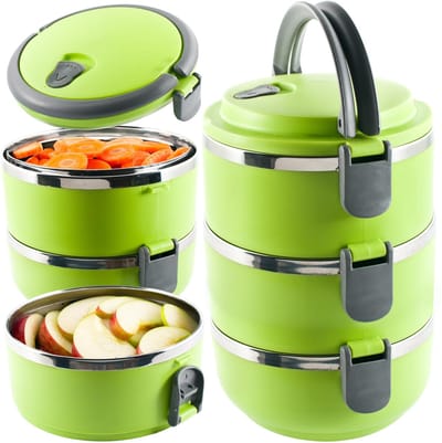 Dailygoods- Voedselcontainer Geïsoleerd - Draagbare Lunchbox - 3 Lagen - Lekvrij - Opvouwbaar Handvat - Inhoud 2100 ml