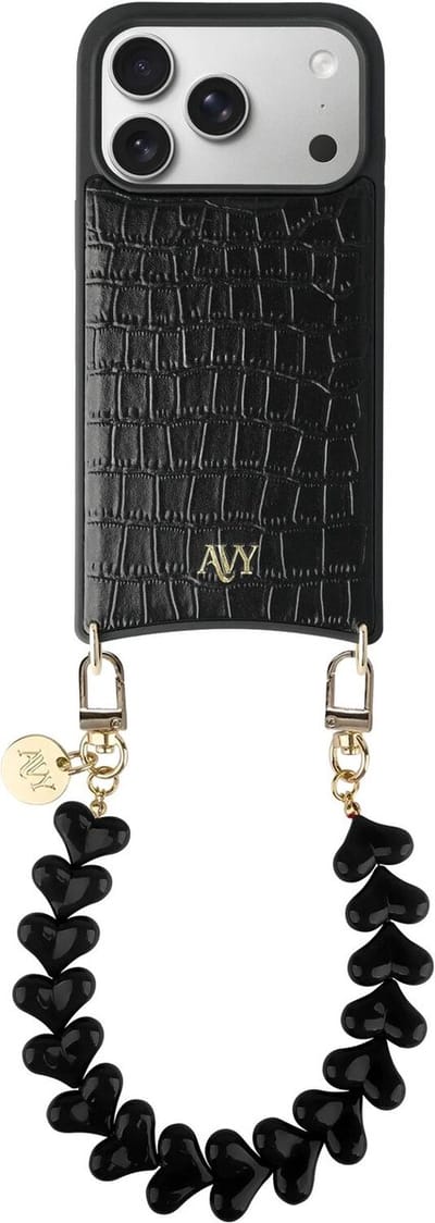 AVY Leren Hoesje Geschikt voor Apple iPhone 17 Pro | Compatibel met MagSafe | Leather Case met Telefoonkoord | Polsband | Croco Zwart | Cupid Black