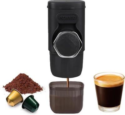 Draagbare koffiezetapparaat, 2-in-1 kleine reiskoffiezetapparaat voor gemalen koffie en capsules, handmatig bediend, 15 bar kleine handzame koffiezetapparaat voor kamperen en reizen