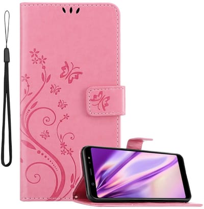 Cadorabo Hoesje geschikt voor Samsung Galaxy A6 PLUS 2018 in BLOEMEN ROZE - Beschermhoes in bloemmotief met magnetische sluiting, standfunctie en kaartsleuven Book Case Cover Etui